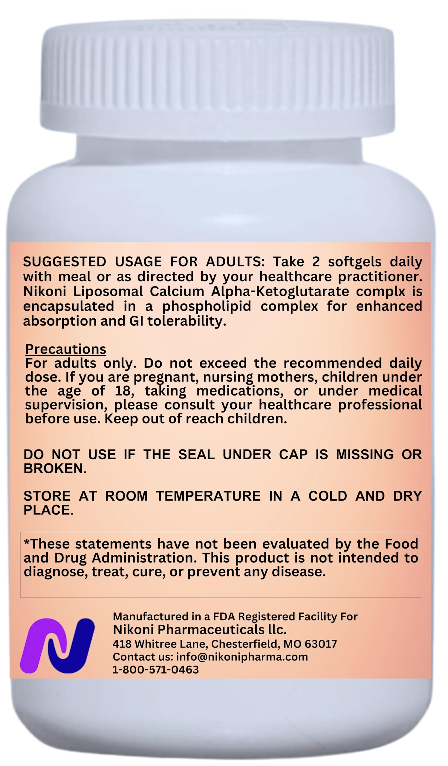 Nikoni Liposomal Calcium AKG 1500mg bottle back highlights key ingredients