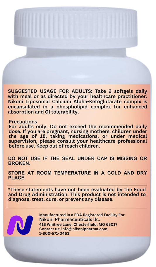 Nikoni Liposomal Calcium AKG 1500mg bottle back highlights key ingredients