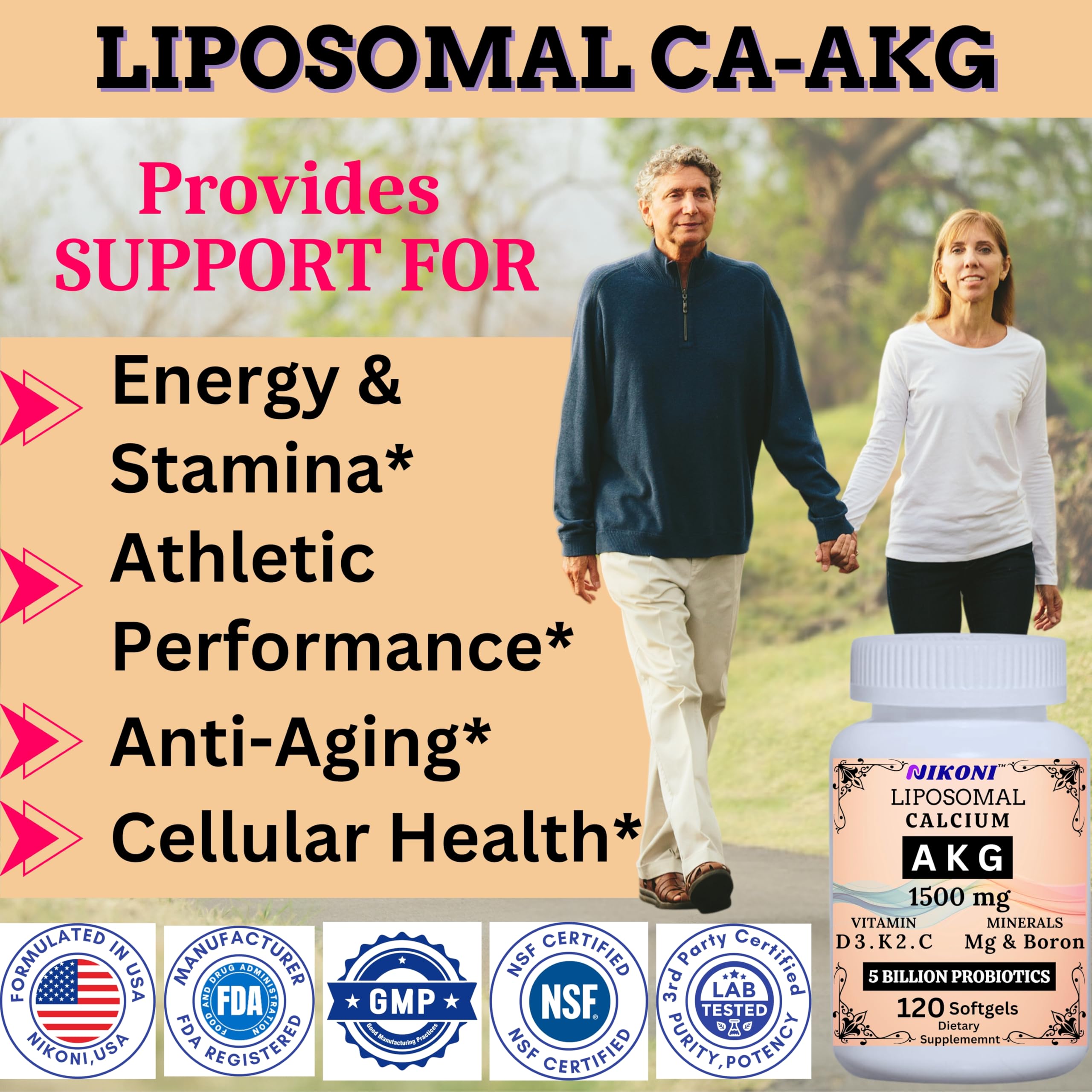Nikoni Liposomal Calcium AKG 1500mg label close-up highlights nutrients