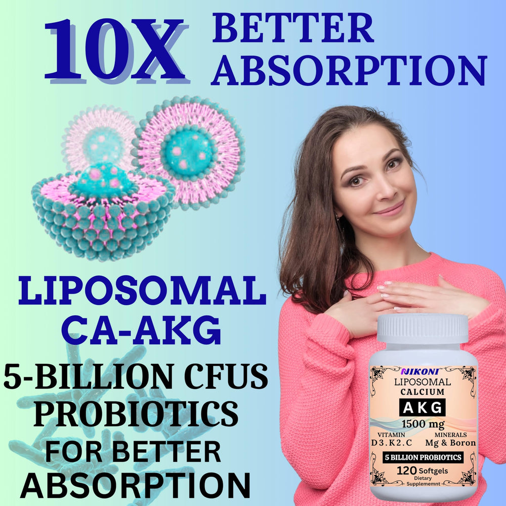 Nikoni Liposomal Calcium AKG 1500mg liposomal delivery surface suggests enhanced absorption