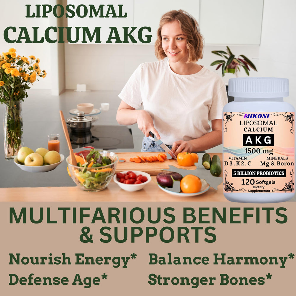 Nikoni Liposomal Calcium AKG 1500mg packaging box showcases comprehensive minerals