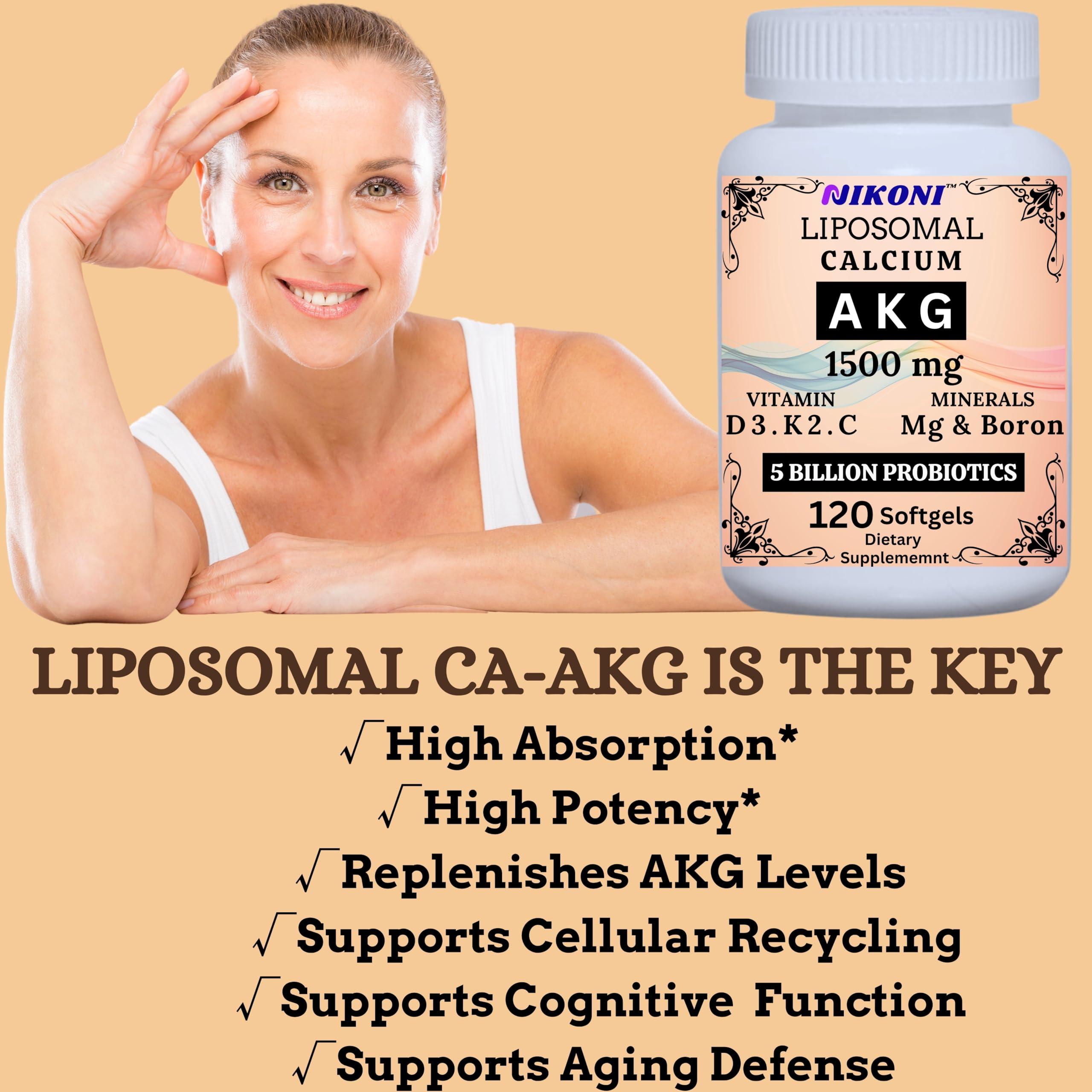 Nikoni Liposomal Calcium AKG 1500mg probiotic blend illustration signals gut support