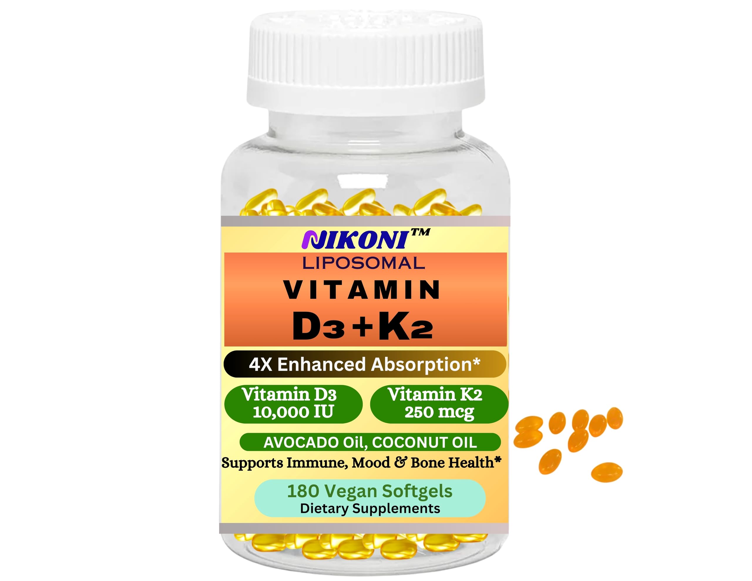 Nikoni liposomal D3 K2 bottle front showcases a high potency daily formula.