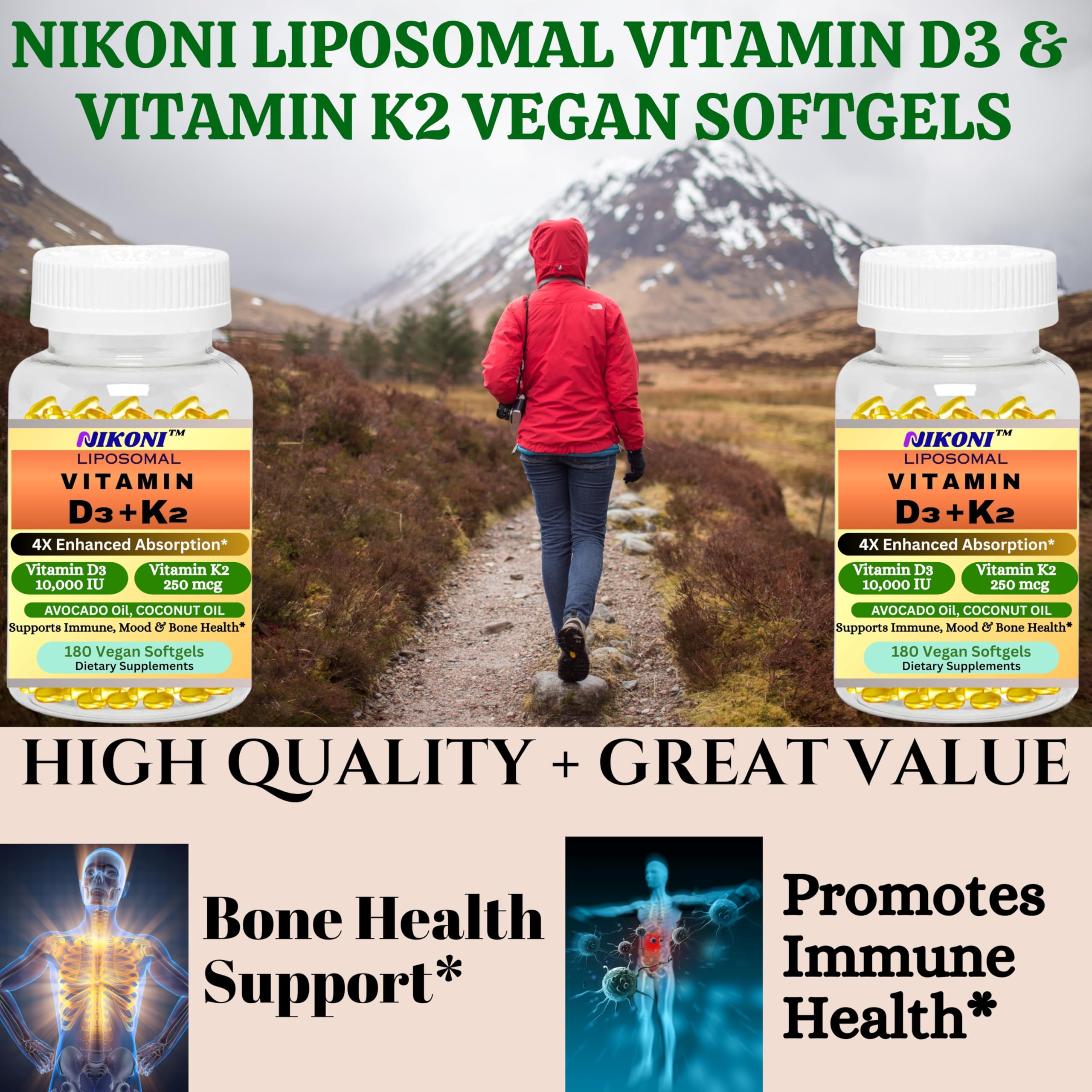 Nikoni liposomal D3 K2 nutrition label showing non GMO and gluten free features.