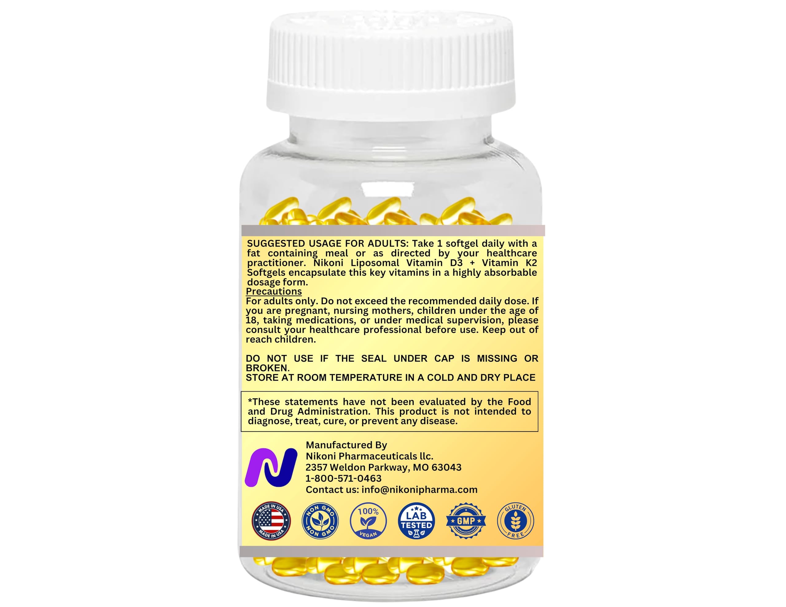 Nikoni liposomal D3 K2 softgels close up highlighting easy to swallow vegan capsules.