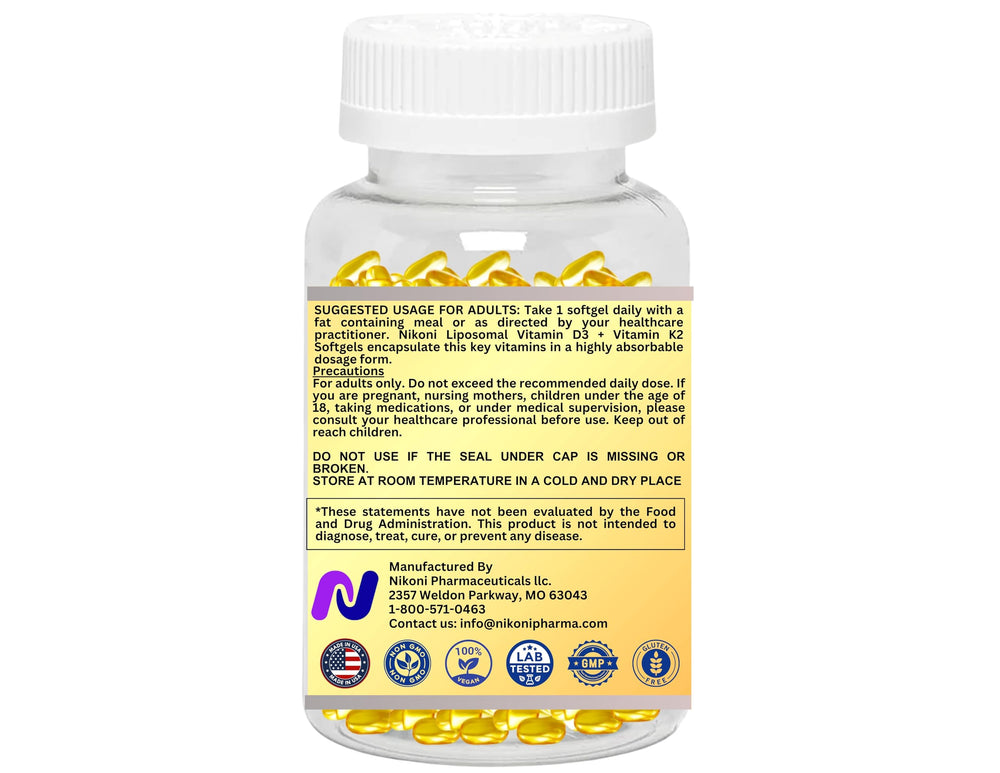 Nikoni liposomal D3 K2 softgels close up highlighting easy to swallow vegan capsules.