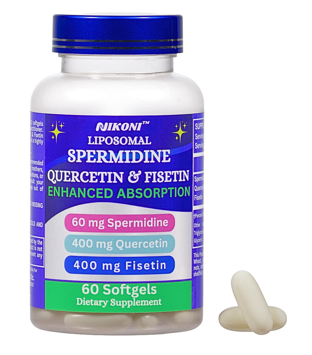 Nikoni liposomal spermidine bottle showcases enhanced absorption for daily wellness.