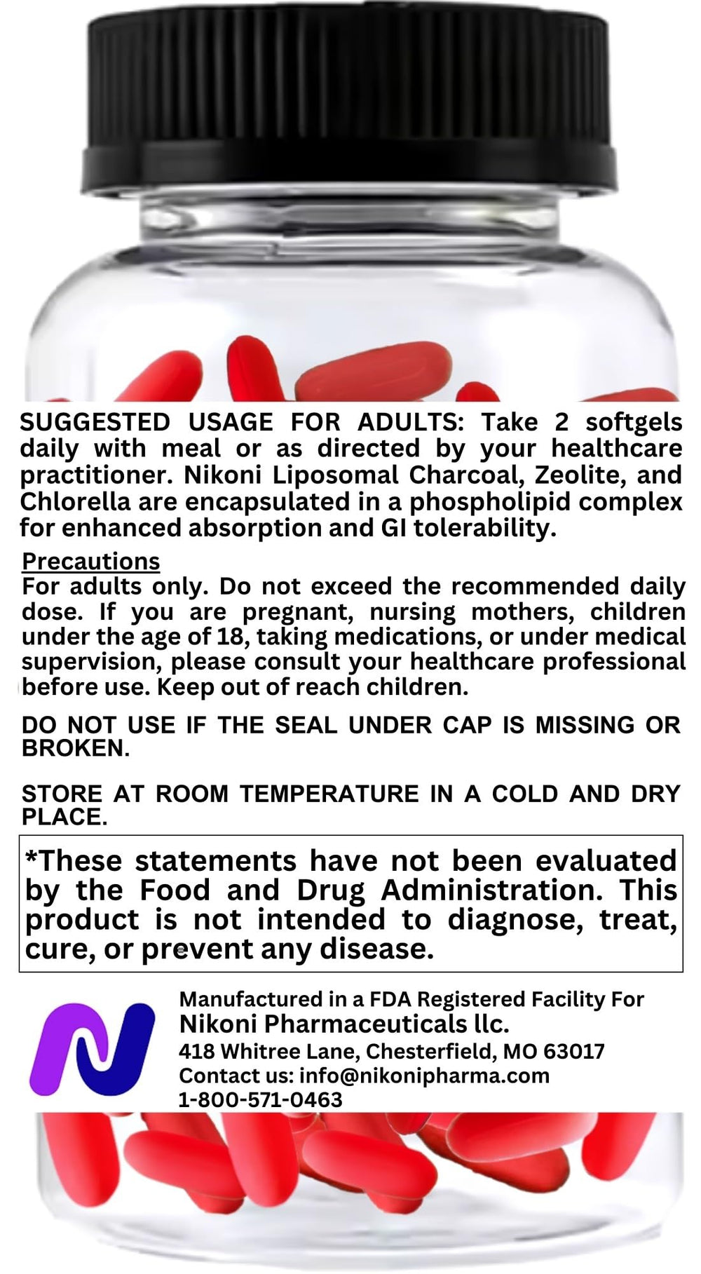 Nikoni Liposomal Zeolite softgels close-up highlighting easy-to-swallow format