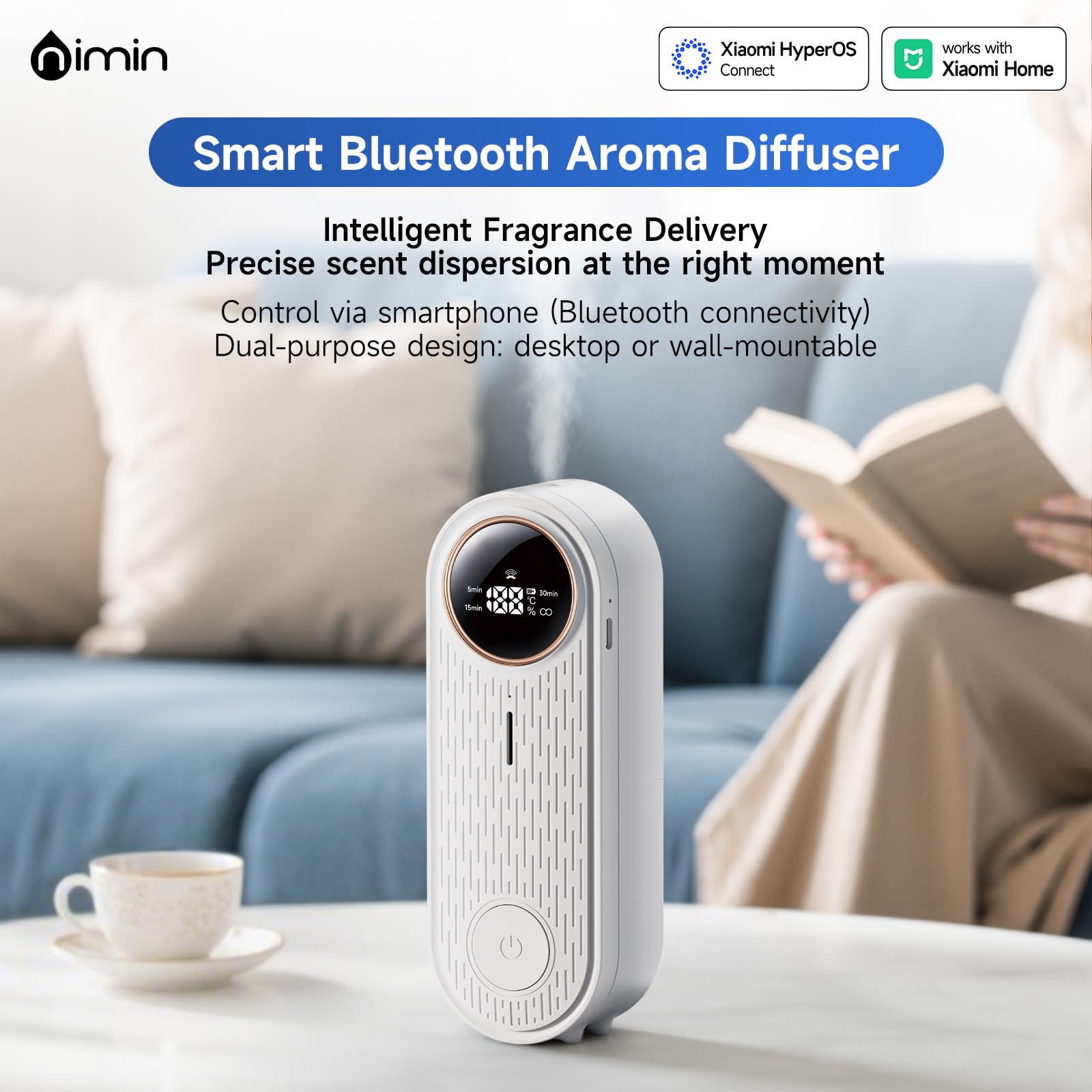 Nimin app-controlled diffuser with smartphone screen for easy scheduling