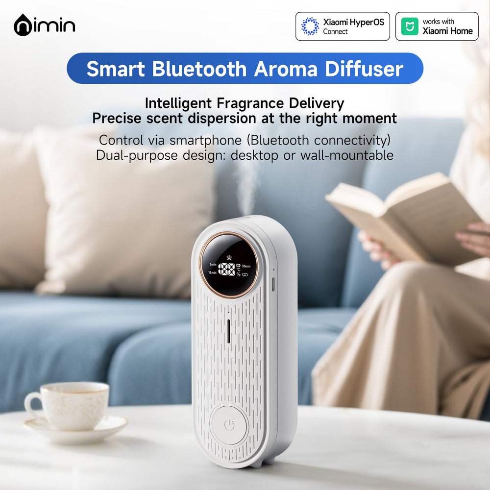 Nimin app-controlled diffuser with smartphone screen for easy scheduling