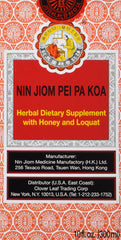 Nin Jiom Pei Pa Koa bottle 10oz with honey loquat flavor for throat comfort.