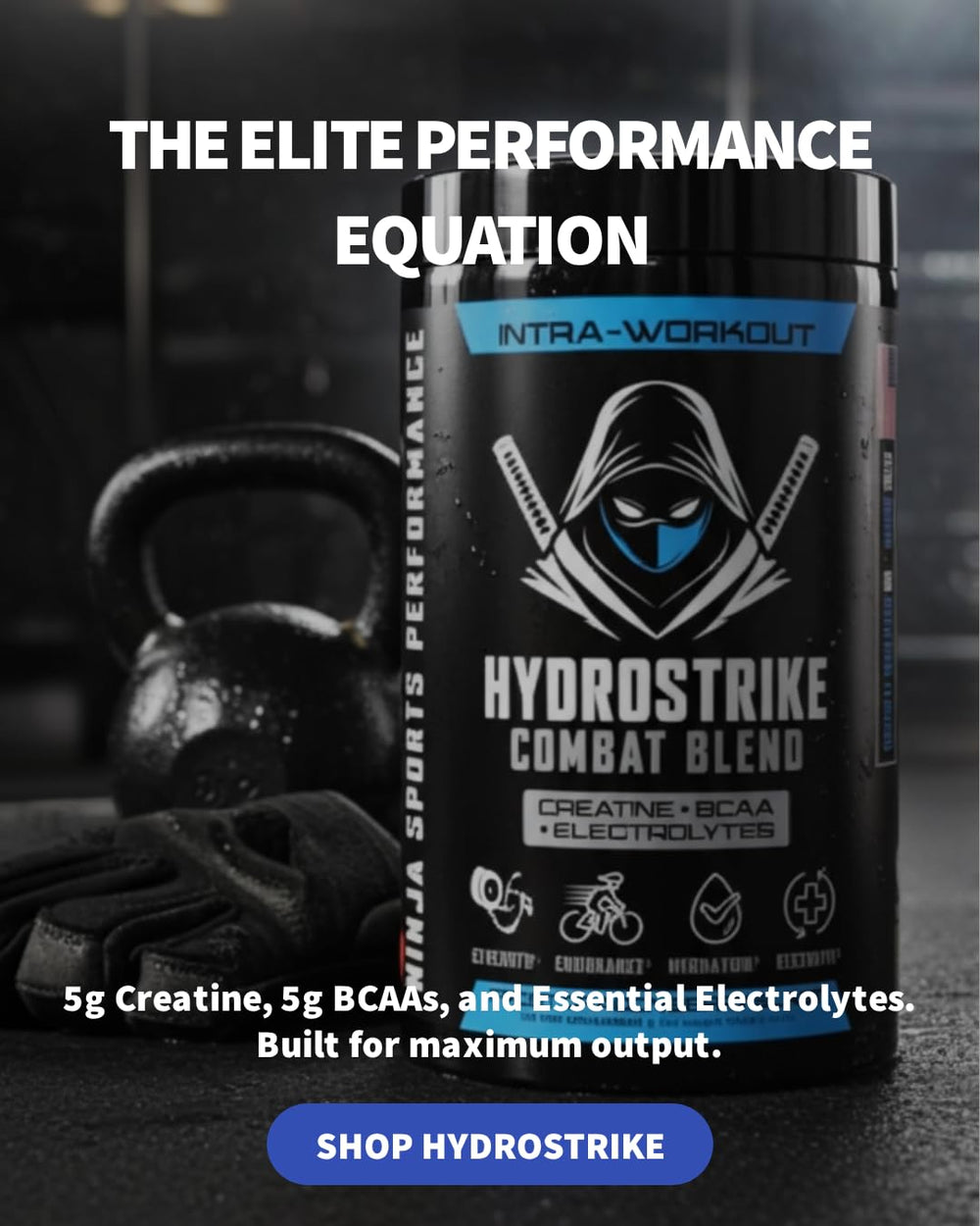 Ninja Sports Performance HydroStrike glass pour highlights electrolyte hydration benefits.