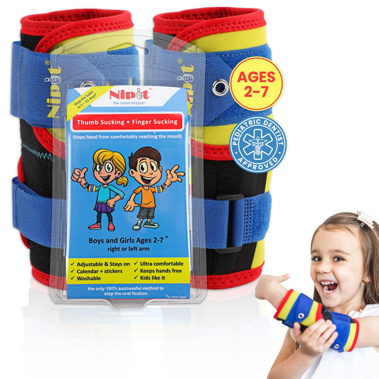 Nipit thumb deterrent in packaging shows soft, washable design ideal for toddlers.