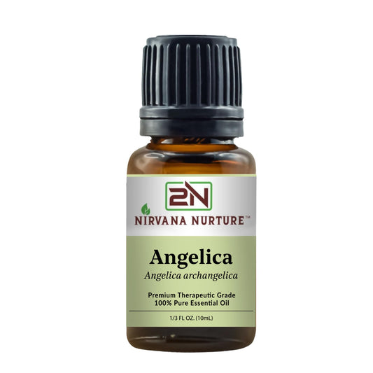 Nirvana Nurture Angelica Oil bottle with amber glass for calming aromatherapy.