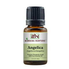 Nirvana Nurture Angelica Oil bottle with amber glass for calming aromatherapy.