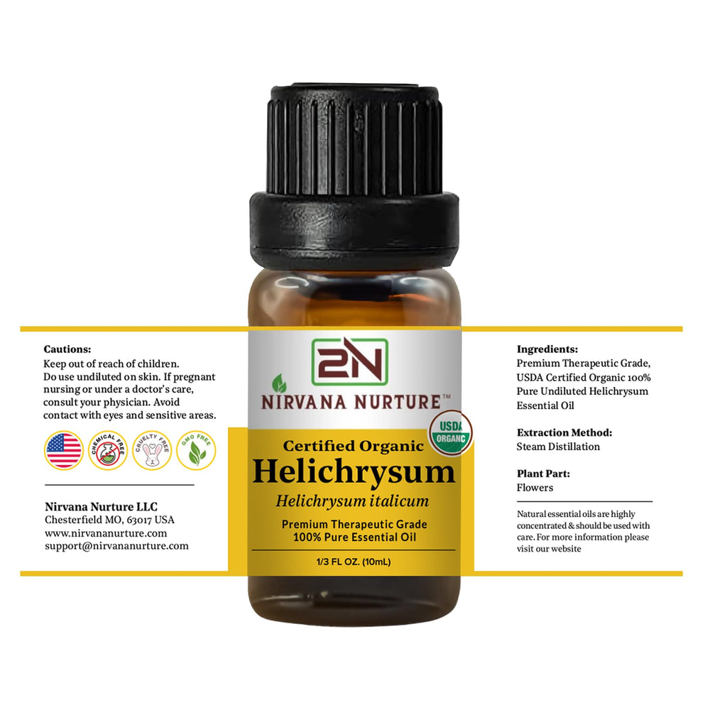 Nirvana Nurture Helichrysum oil GC/MS testing note indicating purity.