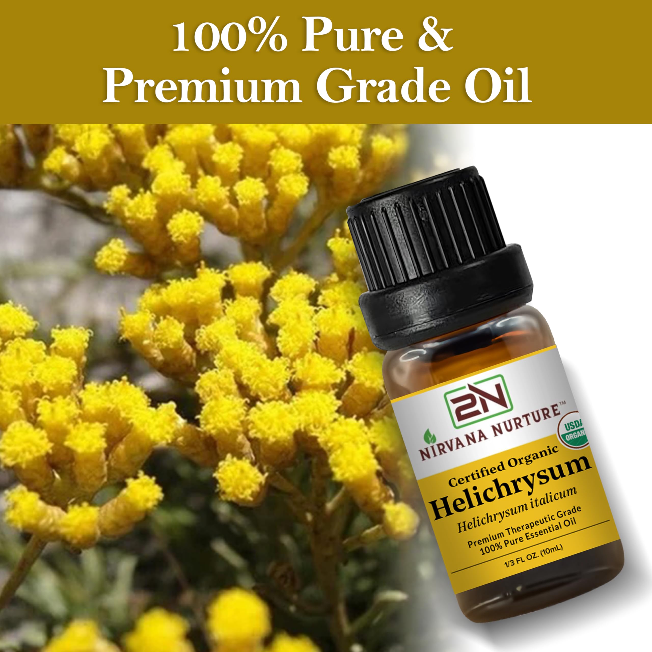 Nirvana Nurture Helichrysum oil packaging highlights premium organic quality.