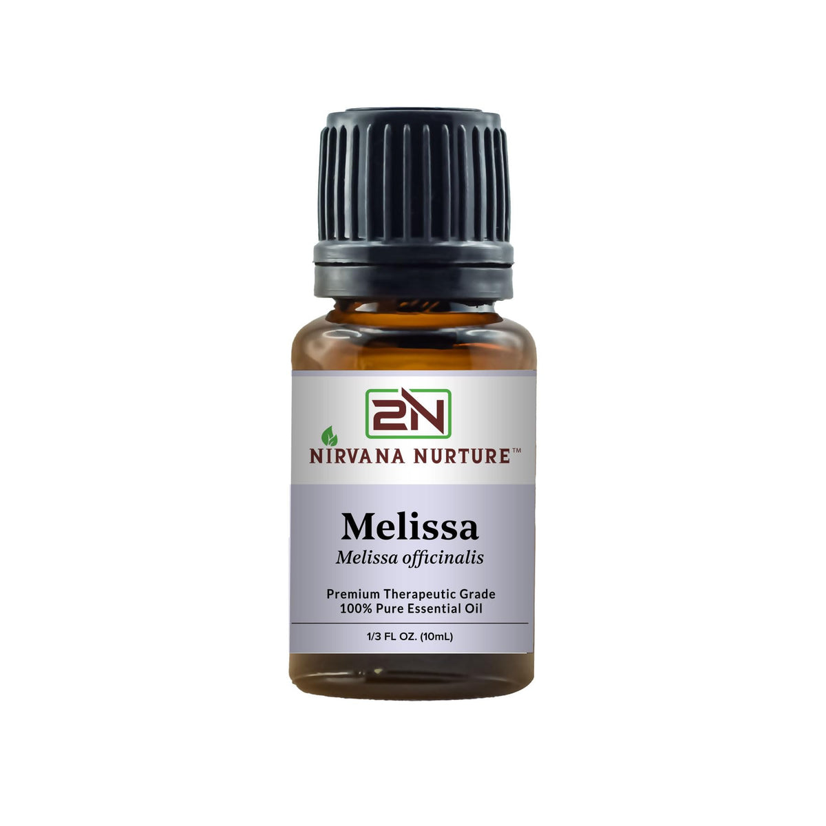 Nirvana Nurture Melissa essential oil in amber bottle for pure aromatherapy.