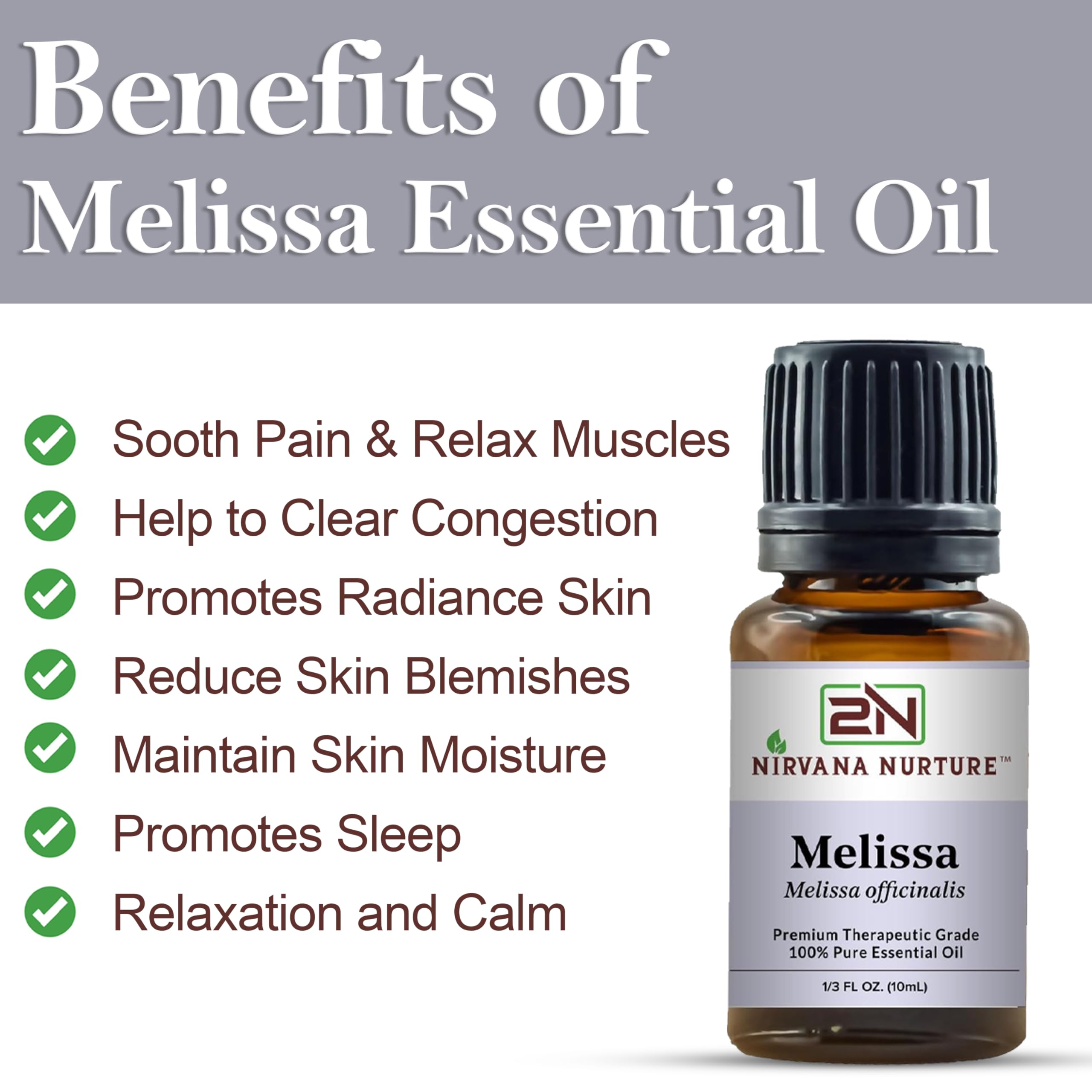 Nirvana Nurture Melissa essential oil label emphasizing purity and safety.
