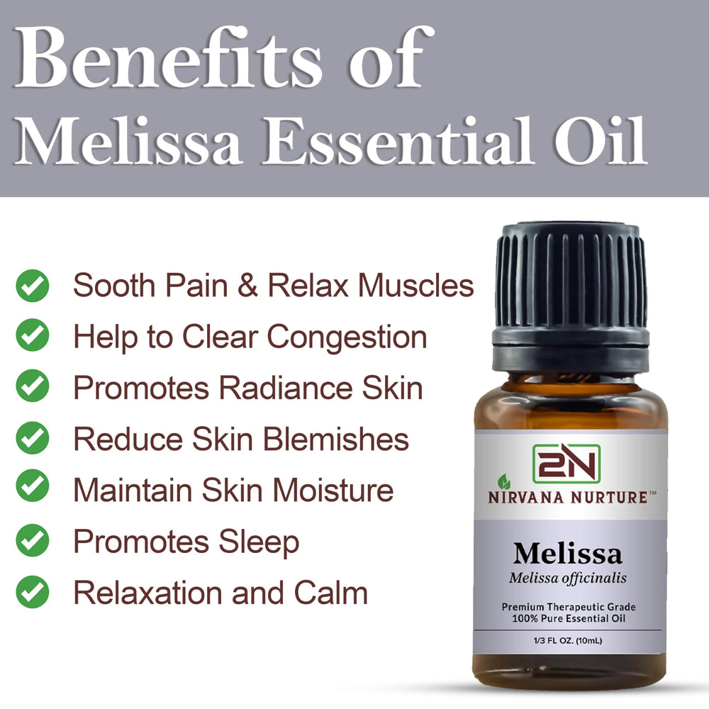 Nirvana Nurture Melissa essential oil label emphasizing purity and safety.