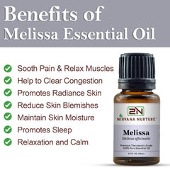 Nirvana Nurture Melissa essential oil label emphasizing purity and safety.