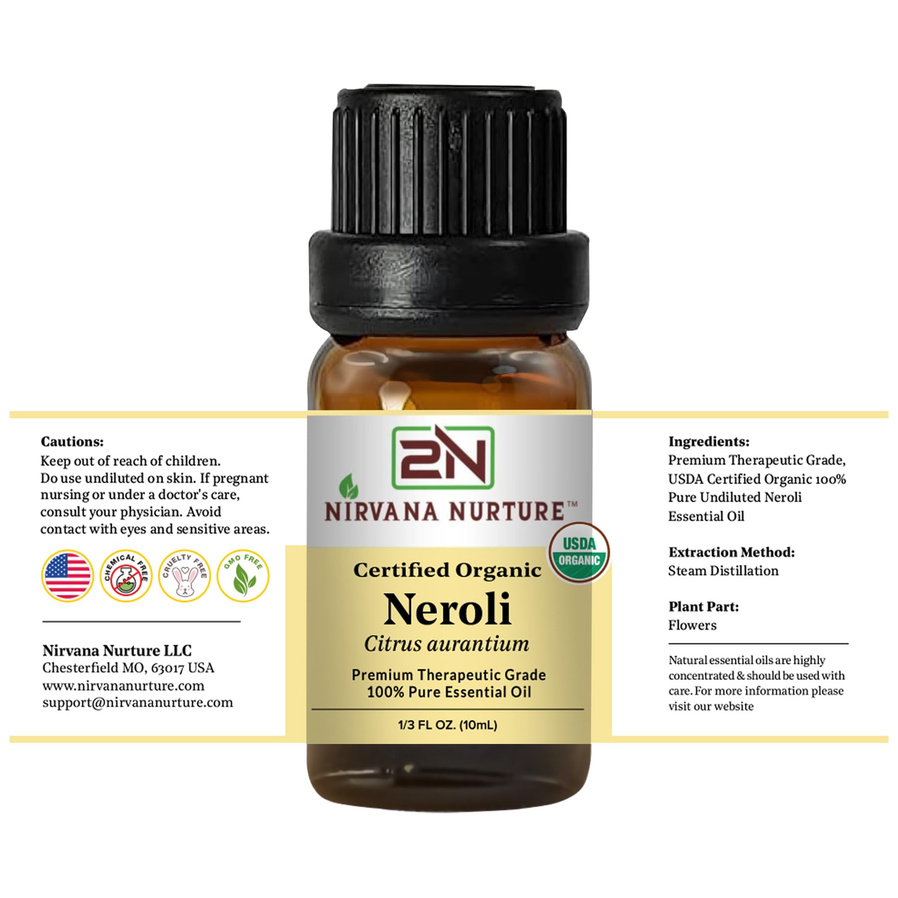 Nirvana Nurture Neroli bottle closeup communicates premium quality.