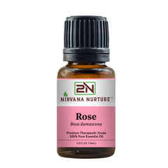 Nirvana Nurture Rose Oil bottle being poured for a calming aromatherapy moment