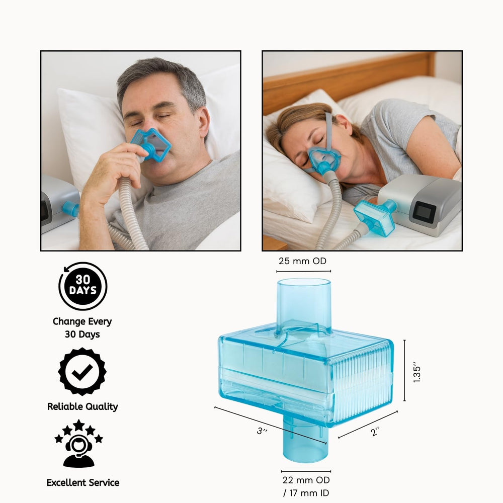 Nispira CPAP inline filter connects 22mm tubing to the machine outlet