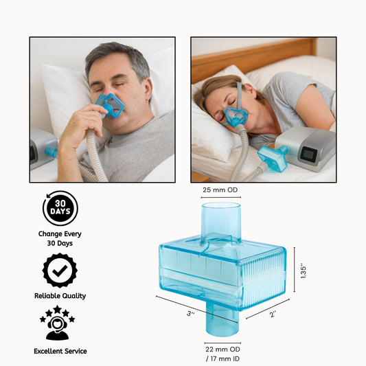 Nispira CPAP inline filter connects 22mm tubing to the machine outlet