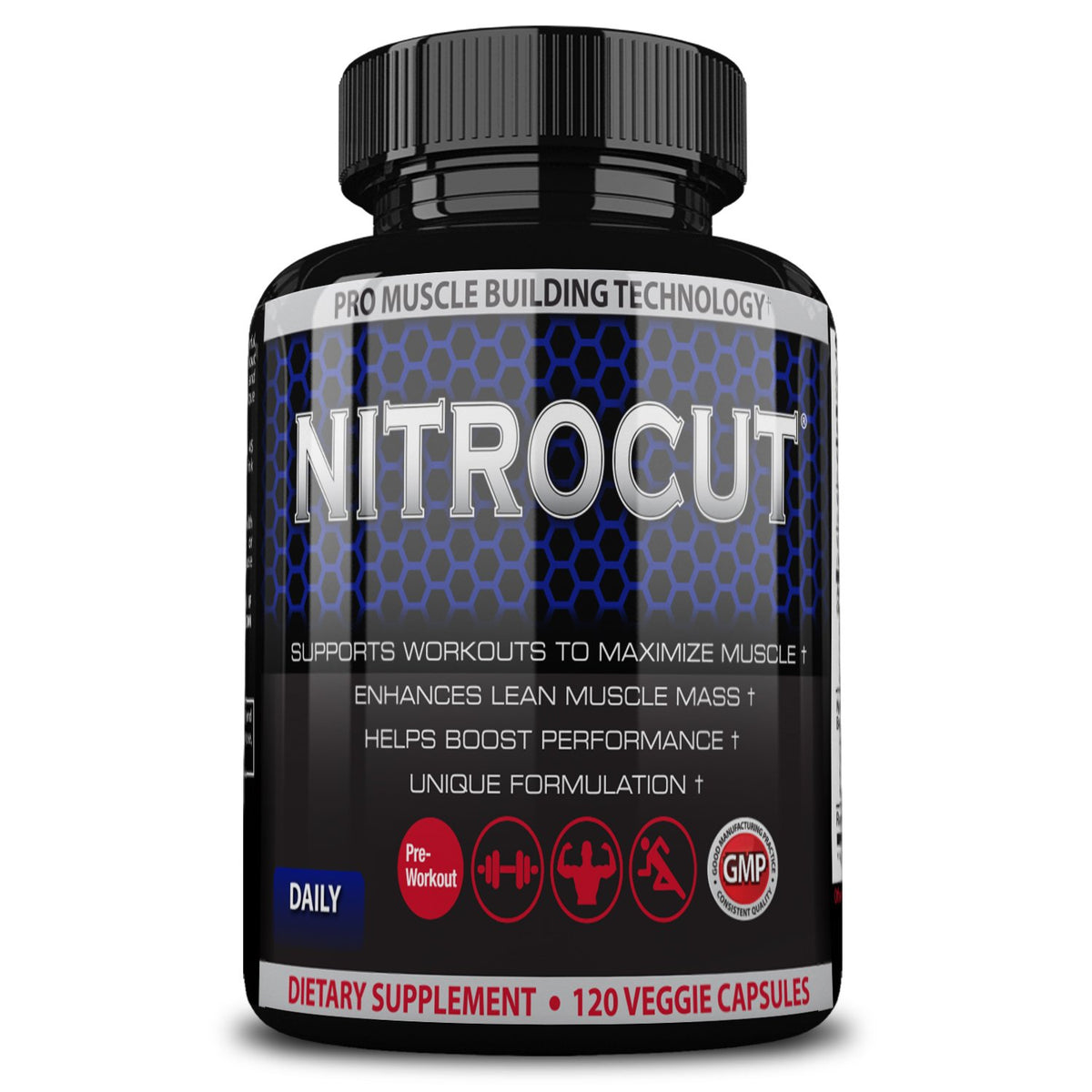 NITROCUT pre workout bottle front highlighting premium ingredients for performance support