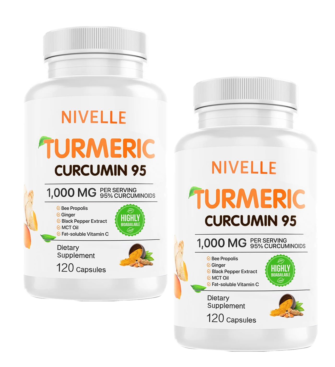 NIVELLE Turmeric Curcumin bottle close-up highlighting 95% curcuminoids for daily vitality