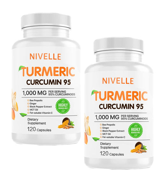 NIVELLE Turmeric Curcumin bottle close-up highlighting 95% curcuminoids for daily vitality