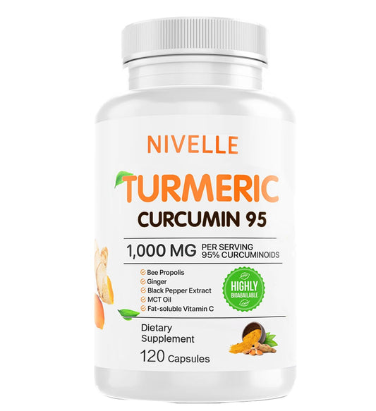 NIVELLE Turmeric Curcumin capsules bottle shows a 120-count container for daily wellness.
