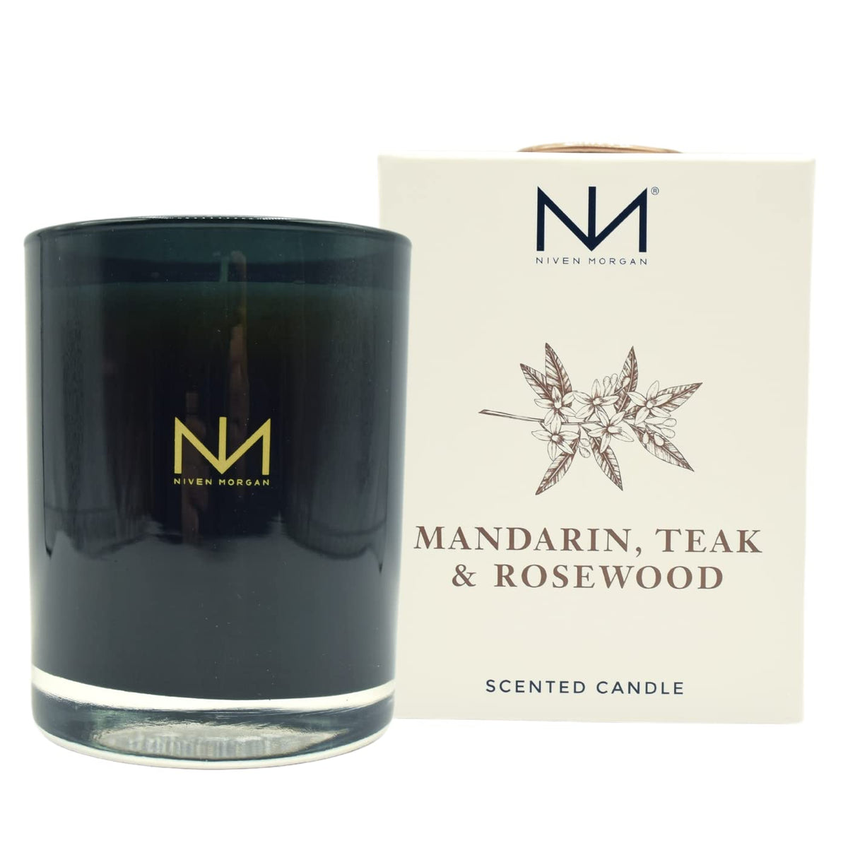 Niven Morgan Mandarin Teak and Rosewood candle label detail, ideal for gifting.