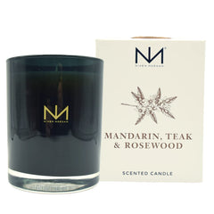 Niven Morgan Mandarin Teak and Rosewood candle label detail, ideal for gifting.