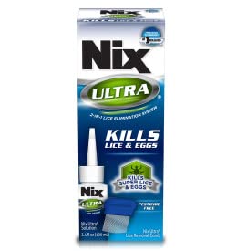 Nix Ultra 2-in-1 lice treatment comb included for precise lice removal.
