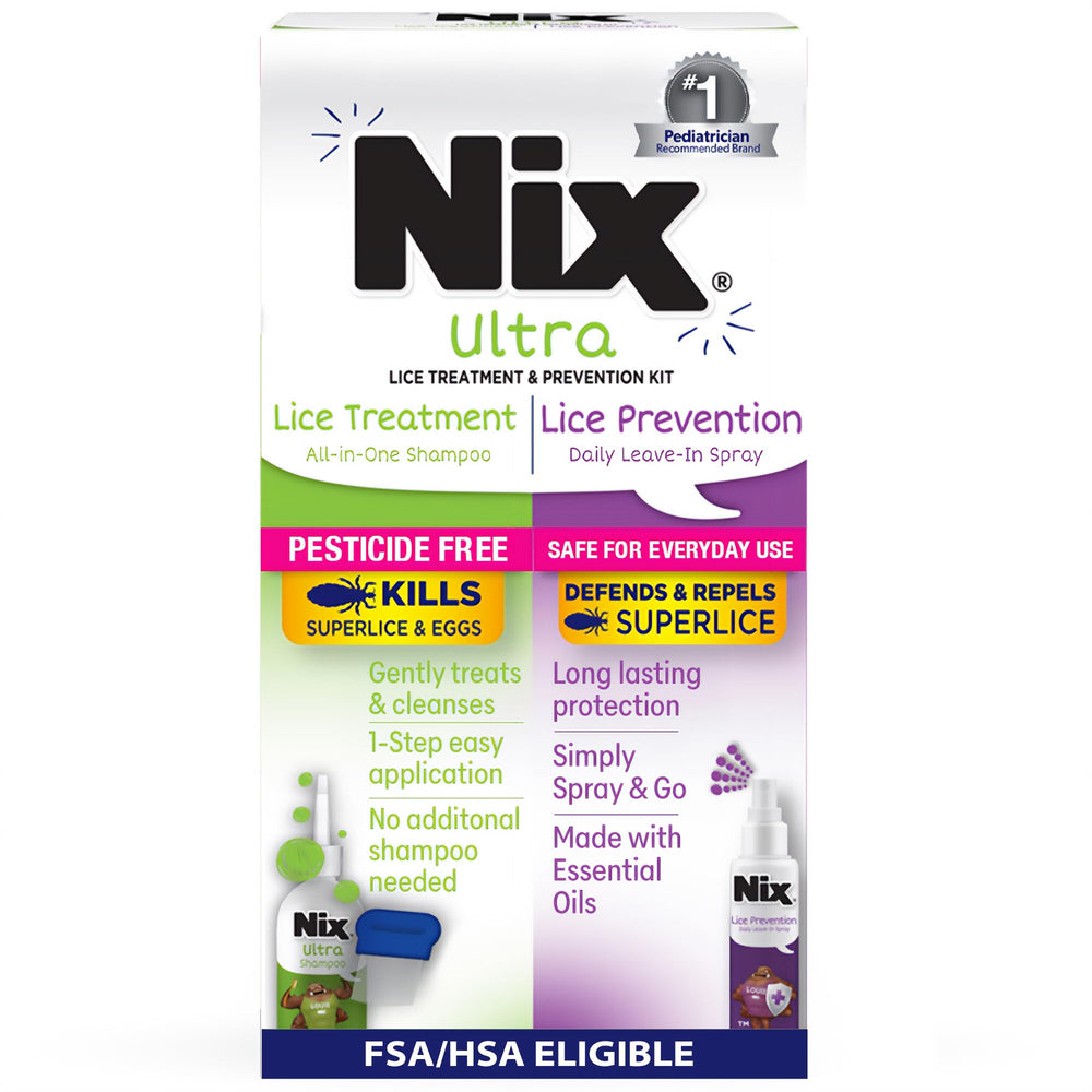 Nix Ultra All-In-One Shampoo bottle shown for quick lice and nit treatment