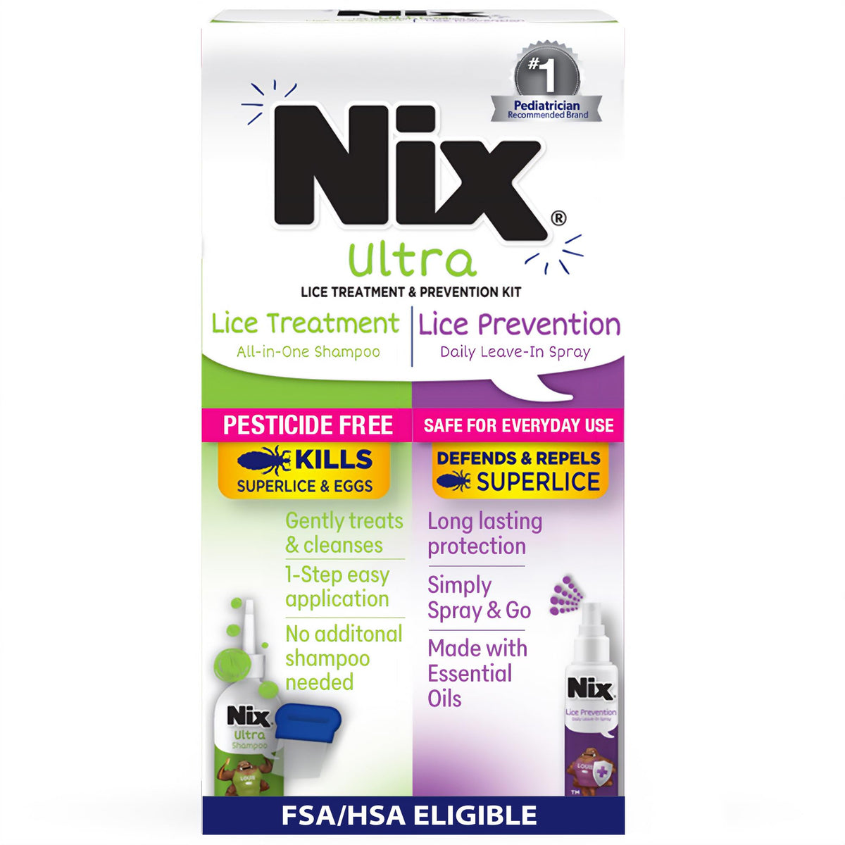 Nix Ultra All-In-One Shampoo bottle shown for quick lice and nit treatment
