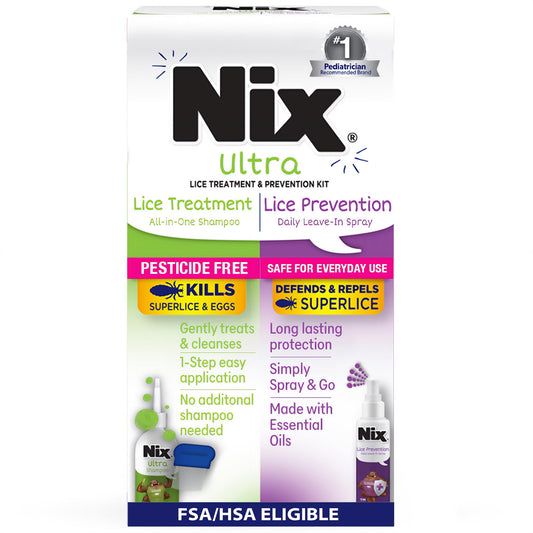 Nix Ultra All-In-One Shampoo bottle shown for quick lice and nit treatment
