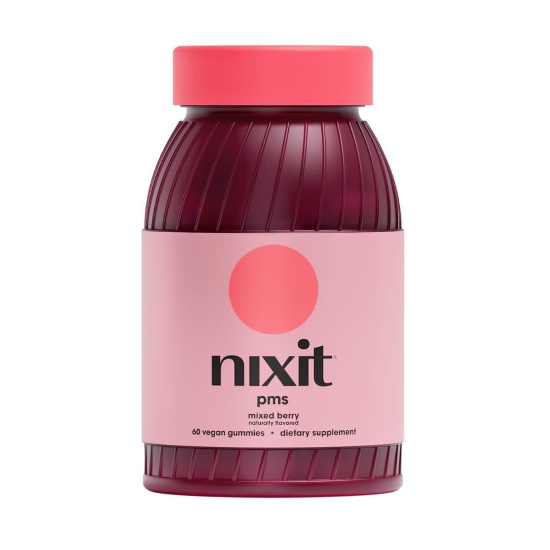 Nixit PMS Support Gummies bottle front, vegan formula for cycle wellness.