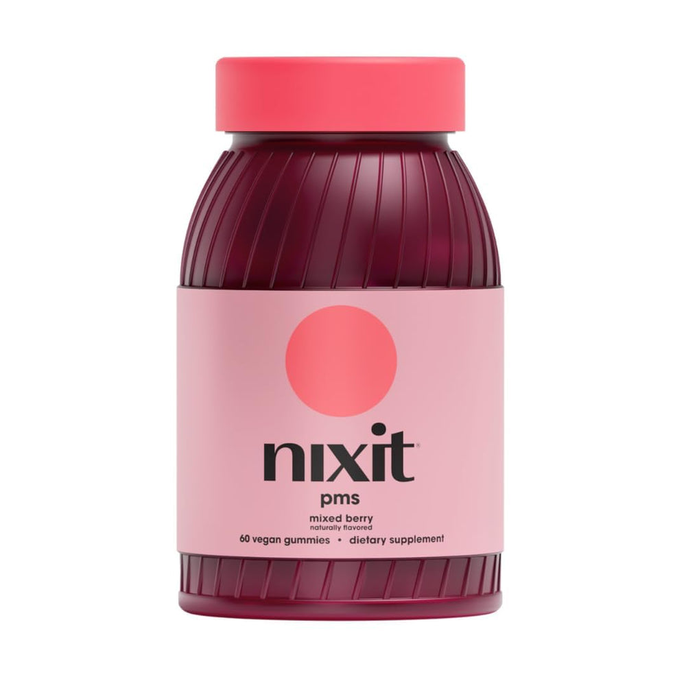 Nixit PMS Support Gummies bottle front, vegan formula for cycle wellness.