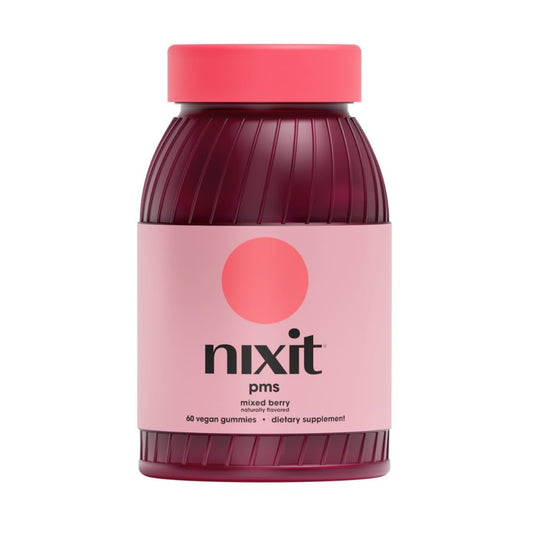 Nixit PMS Support Gummies bottle front, vegan formula for cycle wellness.