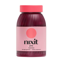 Nixit PMS Support Gummies bottle front, vegan formula for cycle wellness.