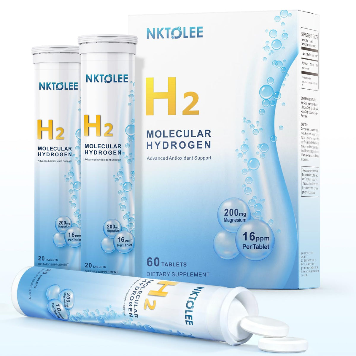 NKTOLEE hydrogen tablets 16ppm dissolve in water for antioxidant hydration.