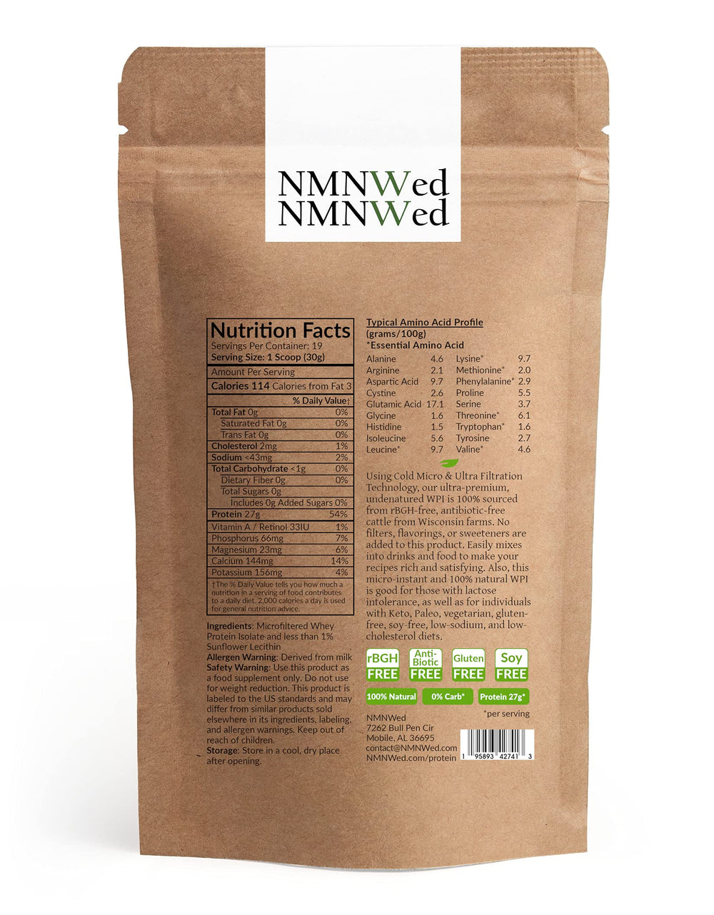 NMNWed whey isolate bag with scoop ready for precise serving.