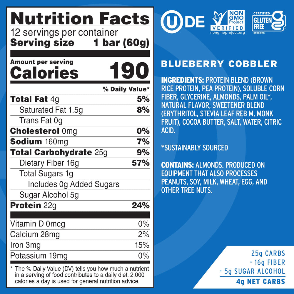 No Cow Blueberry Cobbler bar close-up highlights creamy crust and real fruit flavor.