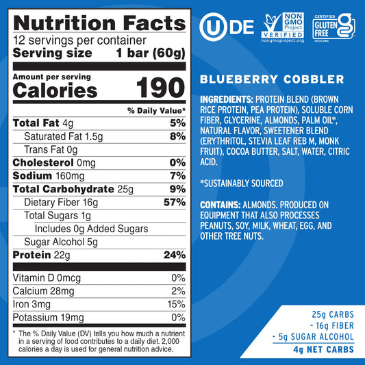 No Cow Blueberry Cobbler bar close-up highlights creamy crust and real fruit flavor.