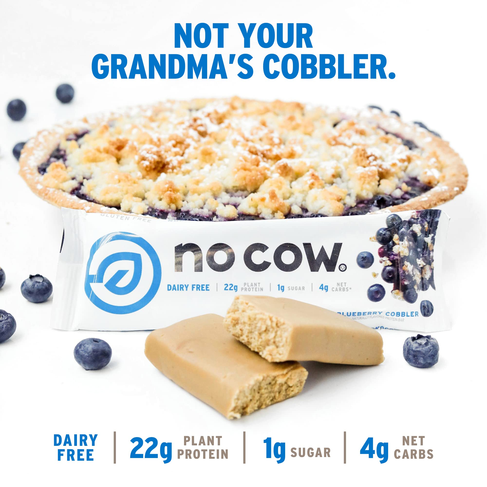 No Cow Blueberry Cobbler bar ingredient list showcases dairy-free, gluten-free, non-GMO goodness.