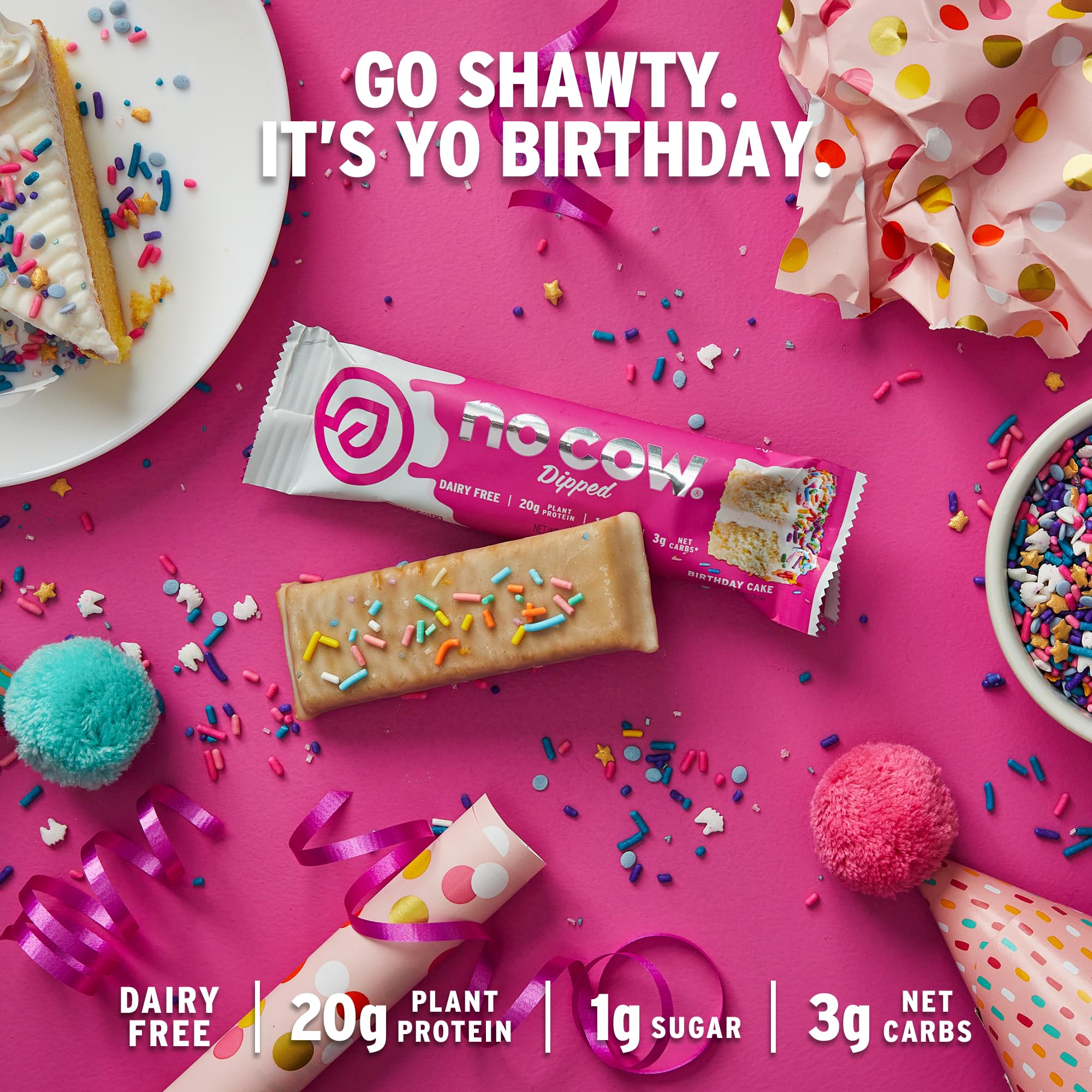 No Cow Birthday Cake bar nutrition panel highlights low sugar and high fiber.