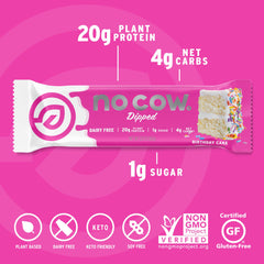 No Cow packaging detail emphasizes gluten-free and dairy-free ingredients for allergen-conscious diets.